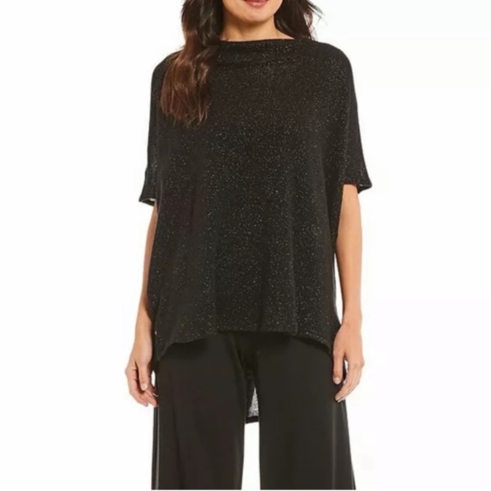 Bryn Walker Sparkle Wool Blend Sweater Poncho Top Black Silver Small Relaxed